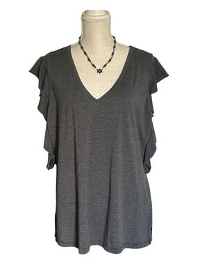 Time and Tru women's ruffle-sleeve top. Heathered charcoal, V- neck, 3XL